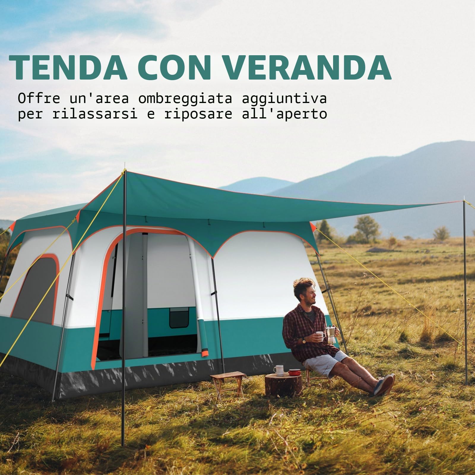 FANTASK Tenda grande con tenda e pavimento, tenda da campeggio per 4-6 persone, 2 stanze e 2 ingressi, tenda a tunnel con tetto rimovibile e borsa per il trasporto, verde