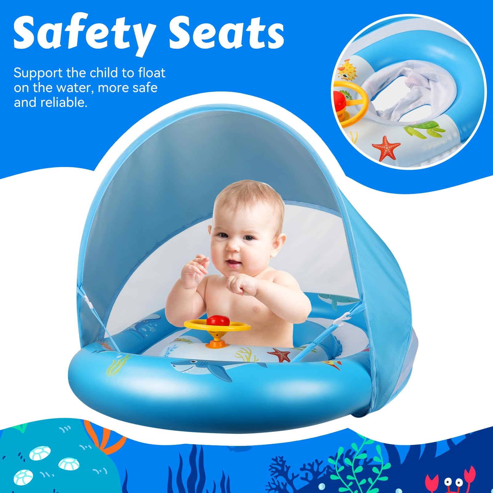 Schwimmring Baby (6-36 Monate, Max. 20 kg) – Doppelkreis-Design mit UPF50+ Sonnendach & Spielzeug-Hupe – Verstellbarer Sicherheitssitz, doppelte Luftkammern – Ideale Schwimmhilfe für Kleinkinder