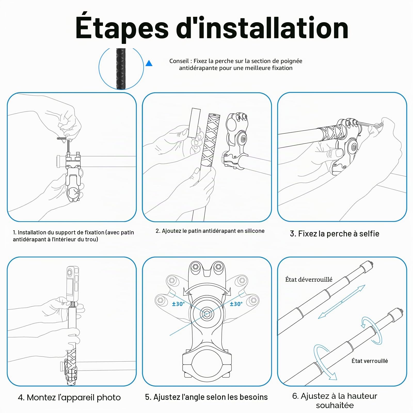 PULUZ Adaptateur de Fix de caméra pour Guidon de Moto Perche à Selfie pour Gopro Heor 13 12 11 10, Max 2, Lit/DJI OSMO 360 Action 6/Insta360 X5 X4 Air Go3 Ace Accessoires pour caméra d'action