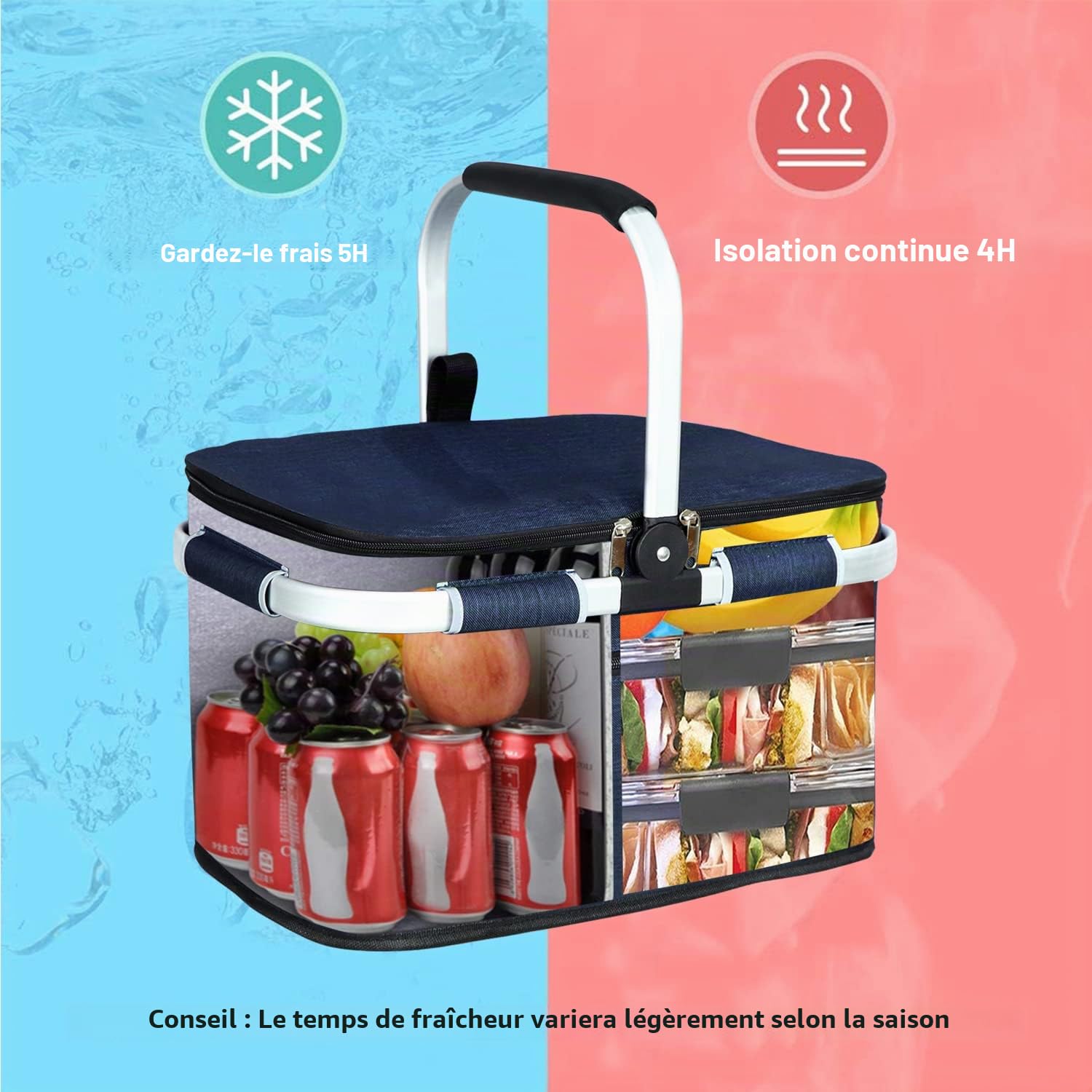 ABIUBIU Sac isotherme 34 l - Grand panier isotherme - Sac isotherme pour le bureau, le camping, le pique-nique, les voyages, avec support latéral
