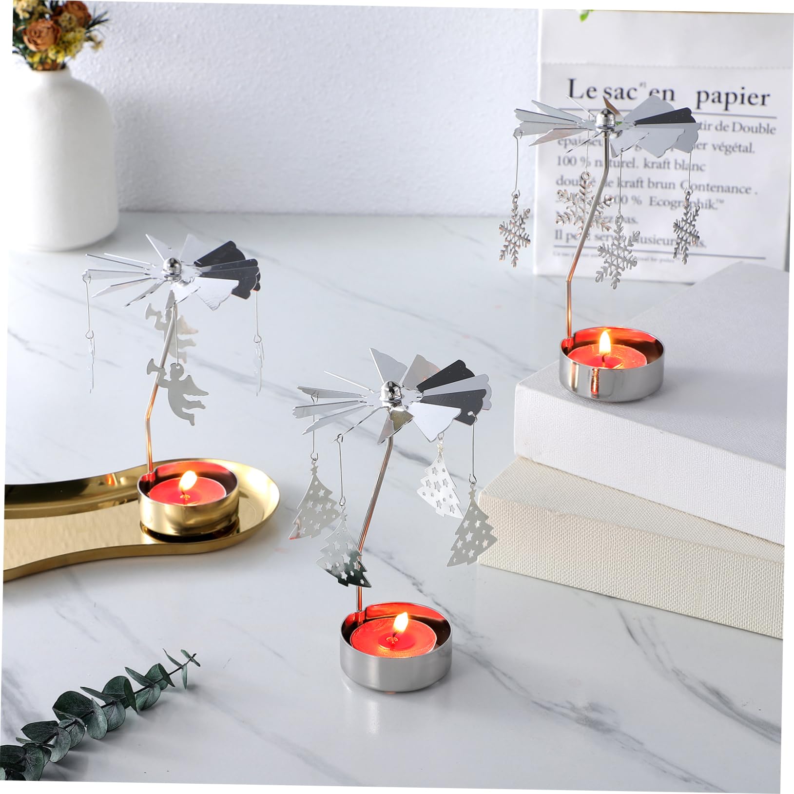 Cabilock Candelabro Giratorio De Hierro Forjado Metálico, Decoración Navideña Motivos Ángel, Copo De Nieve y Árbol, Adecuado para Mesa y Hogar, Sin Velas, Diseño Clásico Europeo