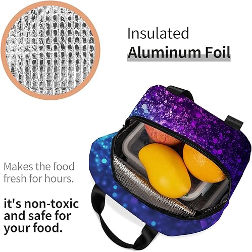 Miniatura 6 de OOZ Lonchera reutilizable a prueba de fugas para el trabajo, oficina, picnic o viajes, bolsa de almuerzo con estampado de purpurina azul y morado,