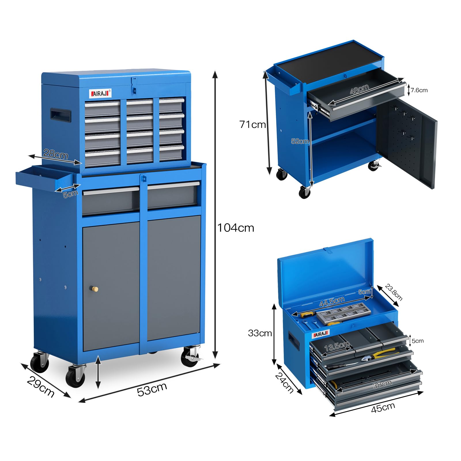 AIRAJ Carrello Da Officina con 7 Cassetti,2 IN 1 Carrello da Officina con Ganci,2 Ruote Per Freni,Grande Capacità Adatta a Garage,Officine di Riparazione.