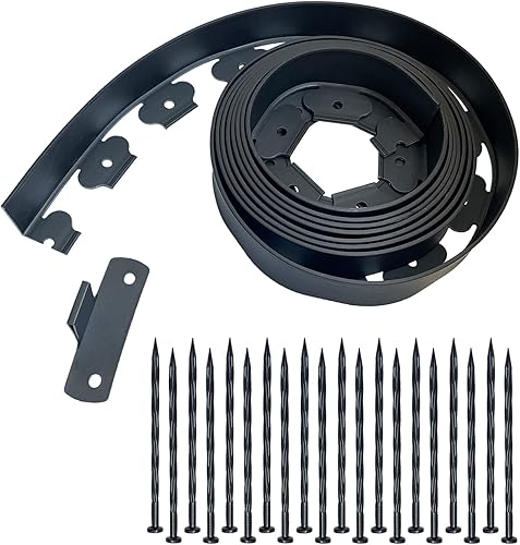 Borde para bordes de paisajismo, bordes resistentes para jardinería de 16.4 pies, bordes de pavimentación con picos de anclaje (negro, 16.4 pies)
