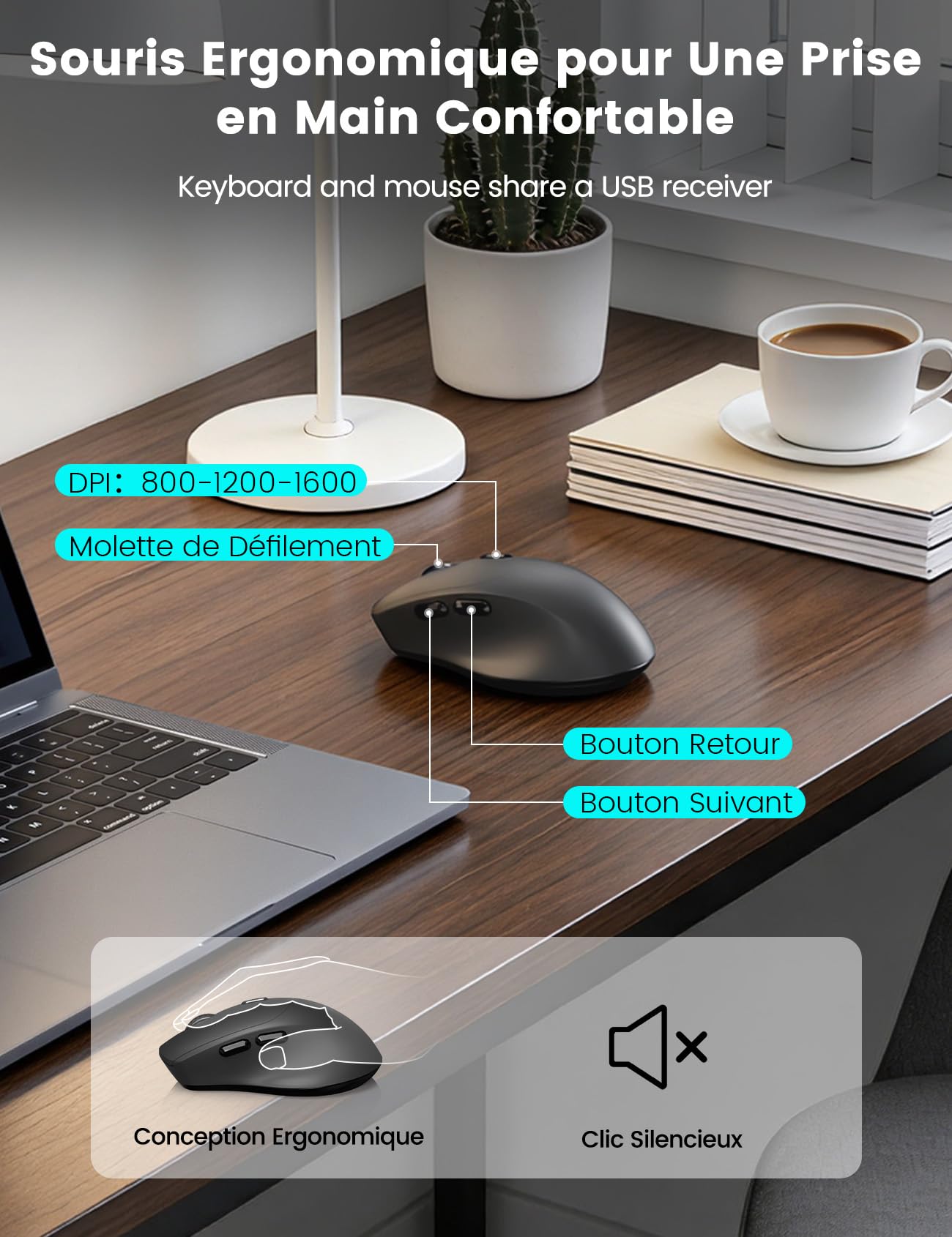 Ensemble Clavier et Souris sans Fil, Ergonomique Pleine Taille Clavier avec Repose-Poignet, Support, Mode Veille, 2,4 GHz Silencieux Clavier Souris pour Windows, PC, Laptop, AZERTY-KM23 (Noir)