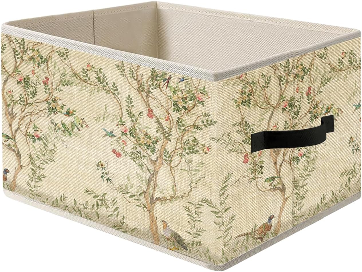 Beige Chinoiserie Floral Botanical Storage Bin Box with Handles, Cottagecore Aesthetic Foldable Organizer Basket Toybox for Girls Room Bedroom Bathroom Clothes Toys Books