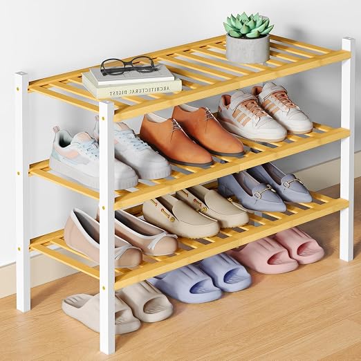 Bamboo Shoe Rack for Closet, 3 Tier Wooden Stackable Shoe Organizer, Free Standing Shoes Storage Shelf for Entryway, Front Door Entrance, Natural