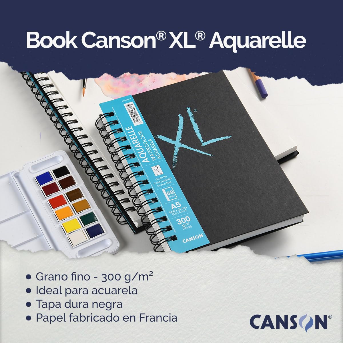 Carnet Aquarelle 100% Coton KOVIEDE - 30 Feuilles A5 (14.7x20.5 Cm) - 300g/m² - Spirale Métal - Surface Pressée à Froid - Idéal Voyage