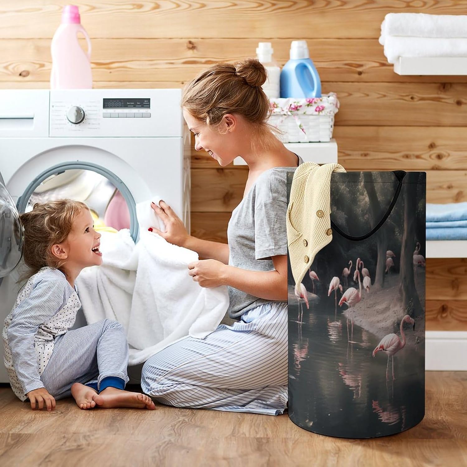 Large Laundry Basket Collapsible Laundry Hamper Waterproof Foldable Washing Bin Clothes Bag Pink Flamingo Freestanding Dirty Clothes Hampers for Laundry, Bedroom, Dorm