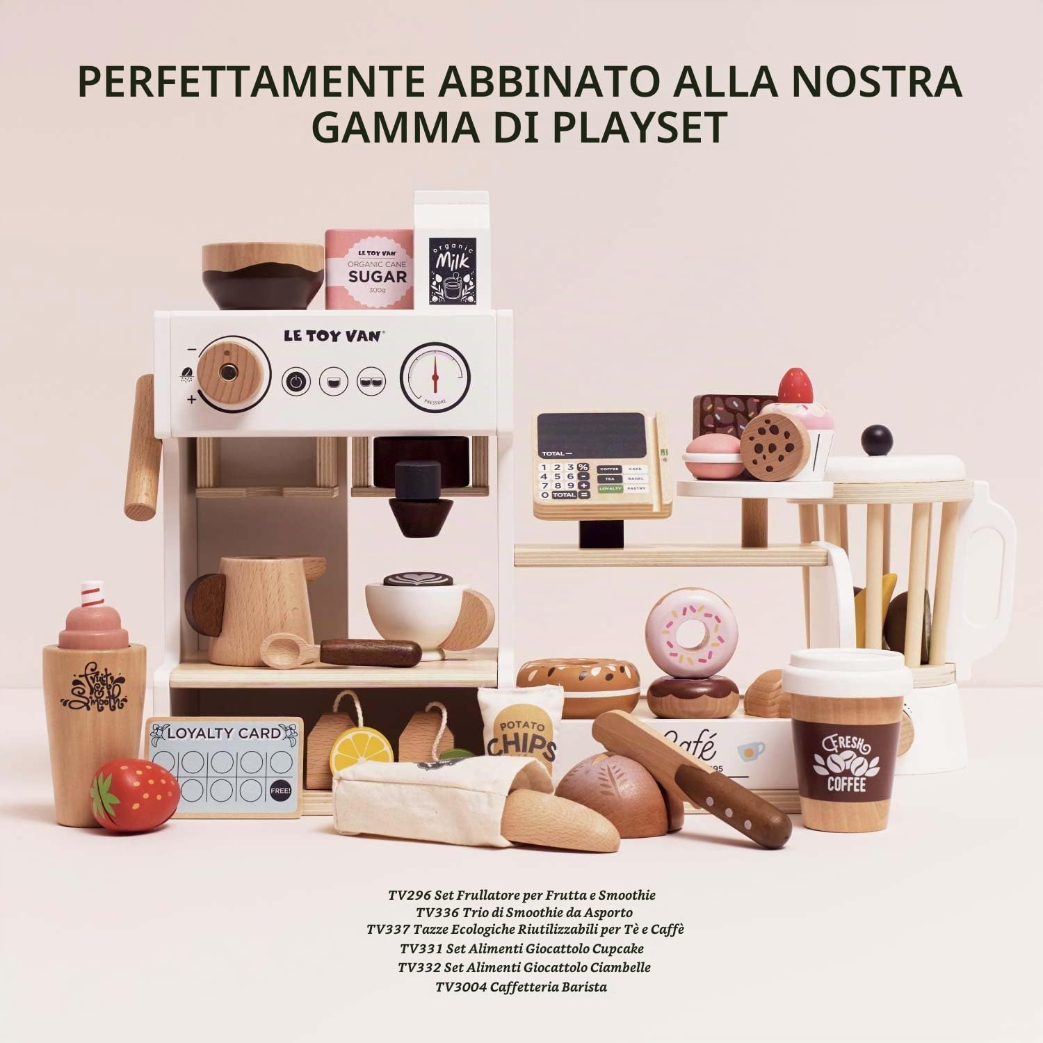 Petit Jour - Macchina da caffè Barista in legno FSC, set da gioco per bambini 3+, 40,7 x 15 x 31,5 cm, con accessori per caffè shop, cassa e golosità