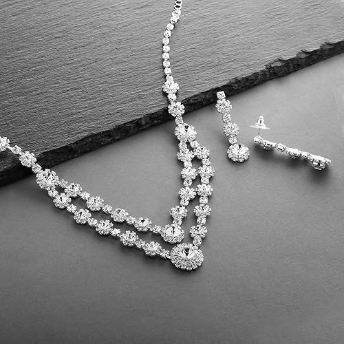 Miniatura 3 de Mariell Juego de collar y aretes de cristal de diamantes de imitación de plata de 2 filas - Joyería de graduación novias y damas de honor Metal