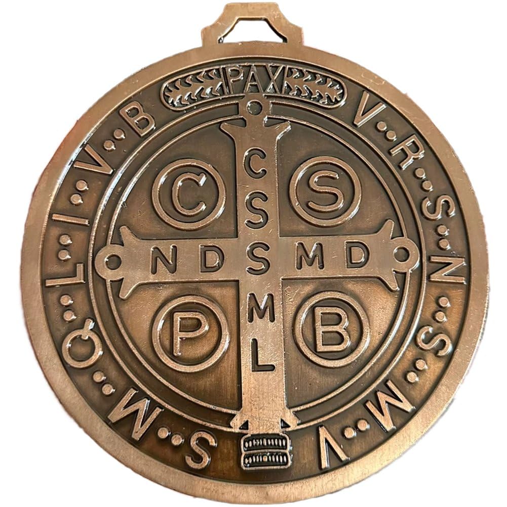 Luxylei 5 Inch St Benedict Cross Medal - Vintage Brass Tone Finish Large Wall Hanging, Catholic Medallion for Home Office Desk Display Religious Decor