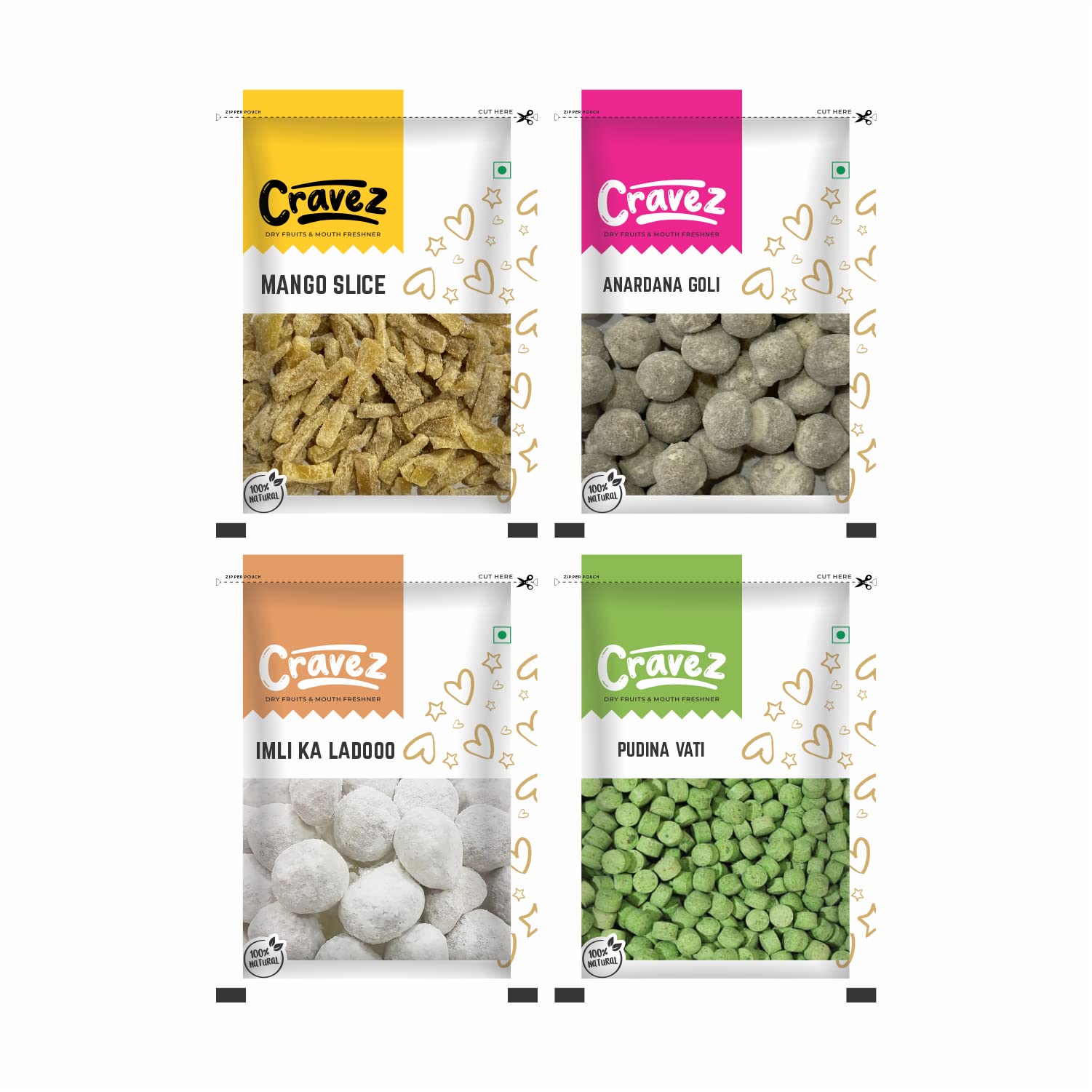 Cravez Digestive Churan Combo - Mango Slice, Anardana Goli, Pudina Vati and Imli Ka Ladoo - 100 G Each | After Meal Mouth Freshener Hygienically Zipper Pouch Packed 400G (Churan Combo (Pack of 4)) (B0C4TT853F) Amazon Price History, Amazon Price Tracker