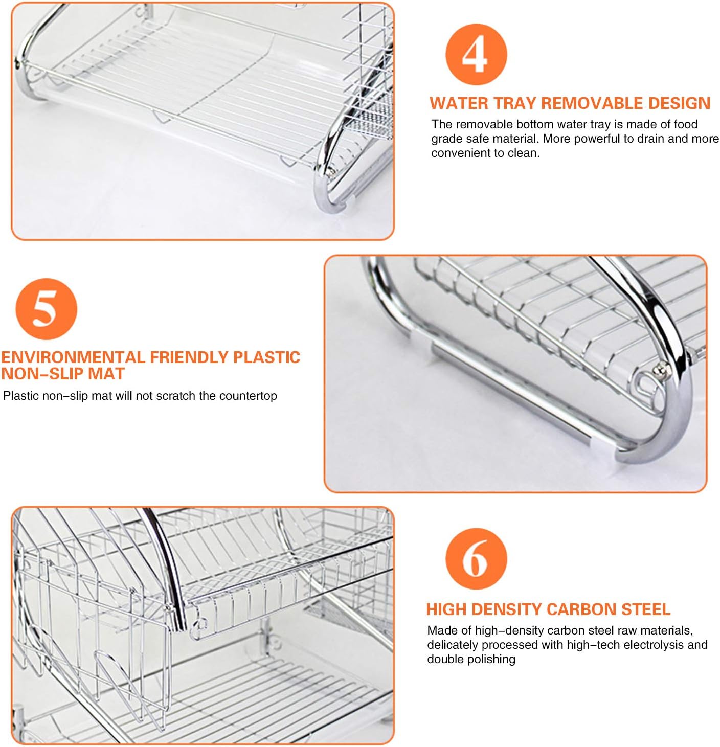 ARyee Two Tier Dish Drainer Rack Silver, Bowls Dishes Plates Cup Holder with Drip Tray 5