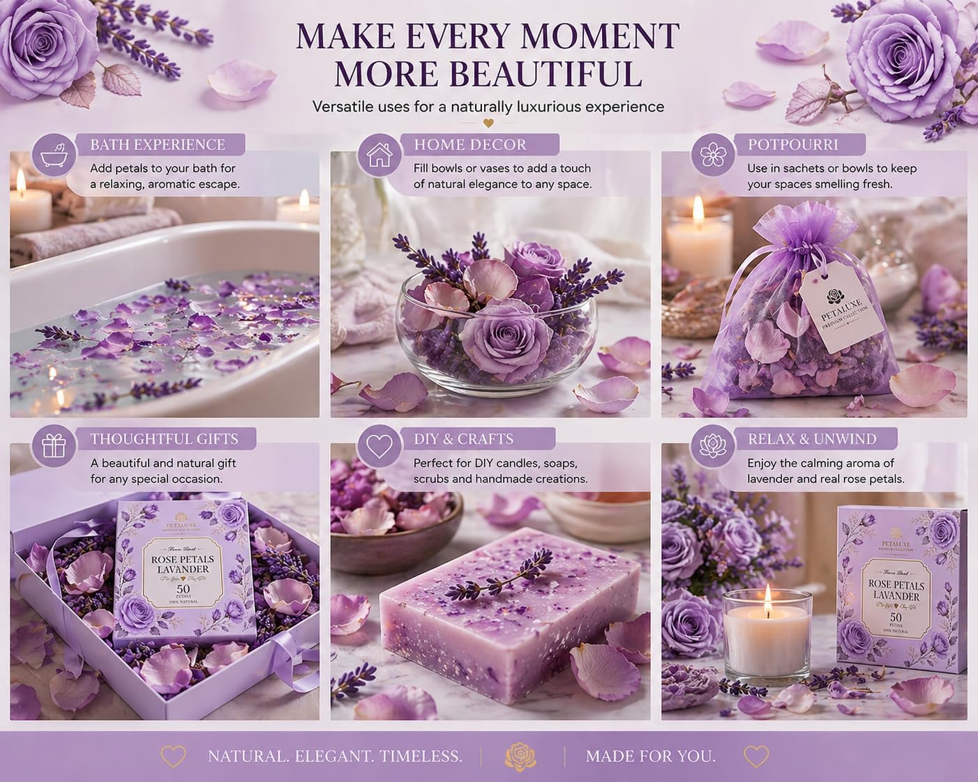 PETALUXE Freeze Dried Rose Petals Lavender, 100 Petals, 100% Natural, Premium Collection, for Decor, Beauty & Wellness