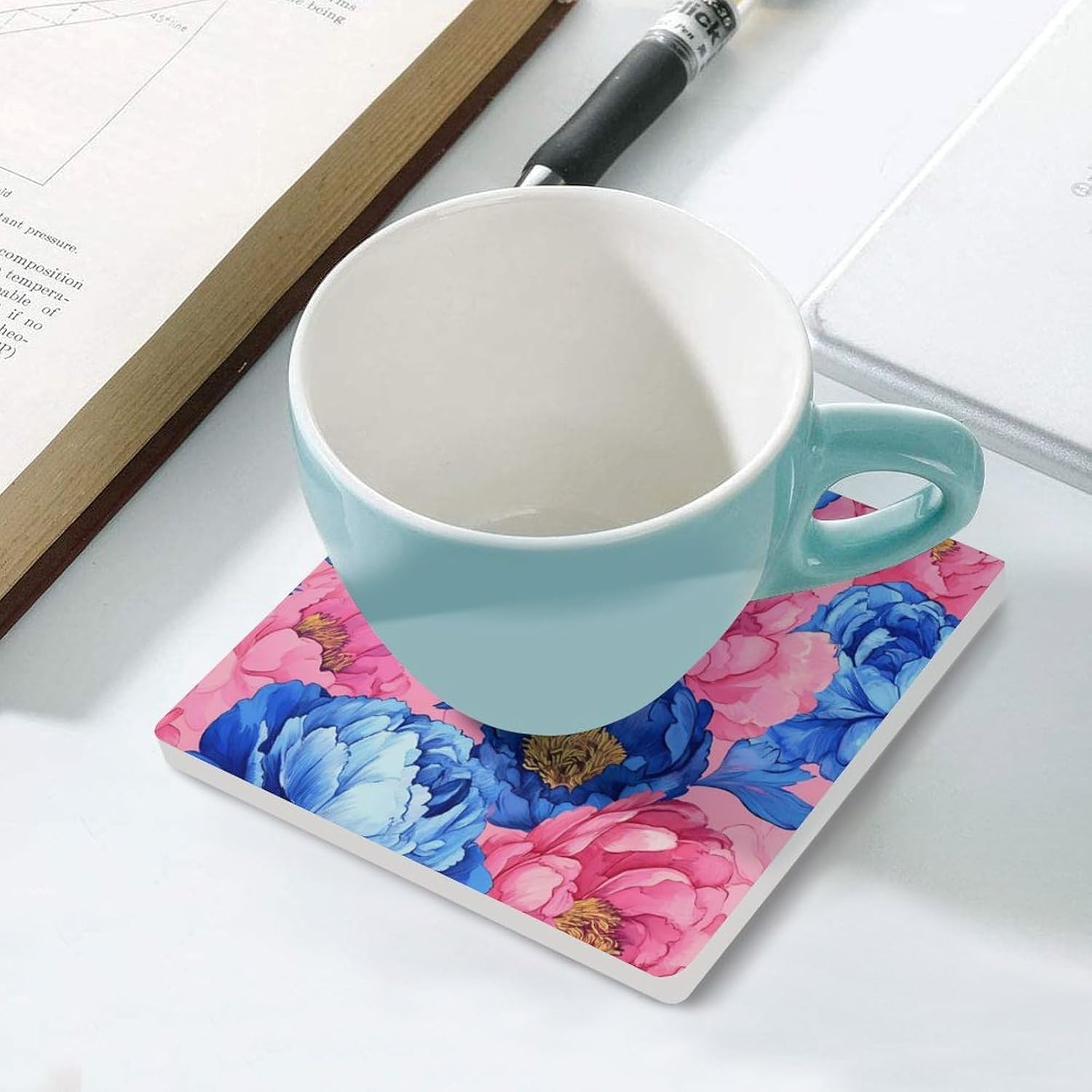Peony Flowers Watercolor Funny Ceramic Coasters for Drink Absorbent Cup Holders Tabletop Protection