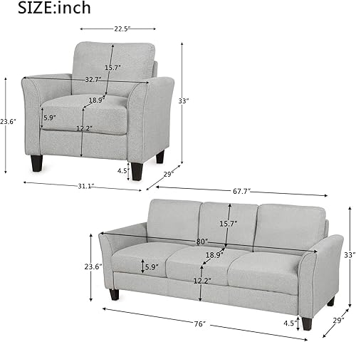 Miniatura 2 de Merax, Juego seccional gris claro para sala de estar, sillón moderno y sofá de 3 plazas, 4 plazas