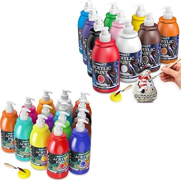 unuaST 14 Colors Acrylic Paint and 10 Colors Outdoor Acrylic Paint Set with Pump 10oz/300ml
