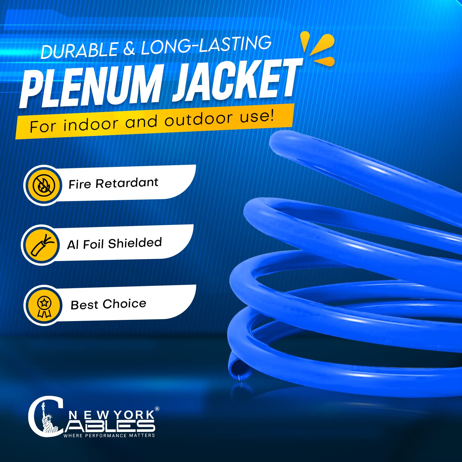 NewYork Cables Cavo Plenum schermato Cat6, 300 m, conduttore in rame nudo solido al 100%, supporto PoE+, 23 AWG, schermatura totale della pellicola da 550 MHz (F/UTP) - Aumenta la tua rete e il gioco