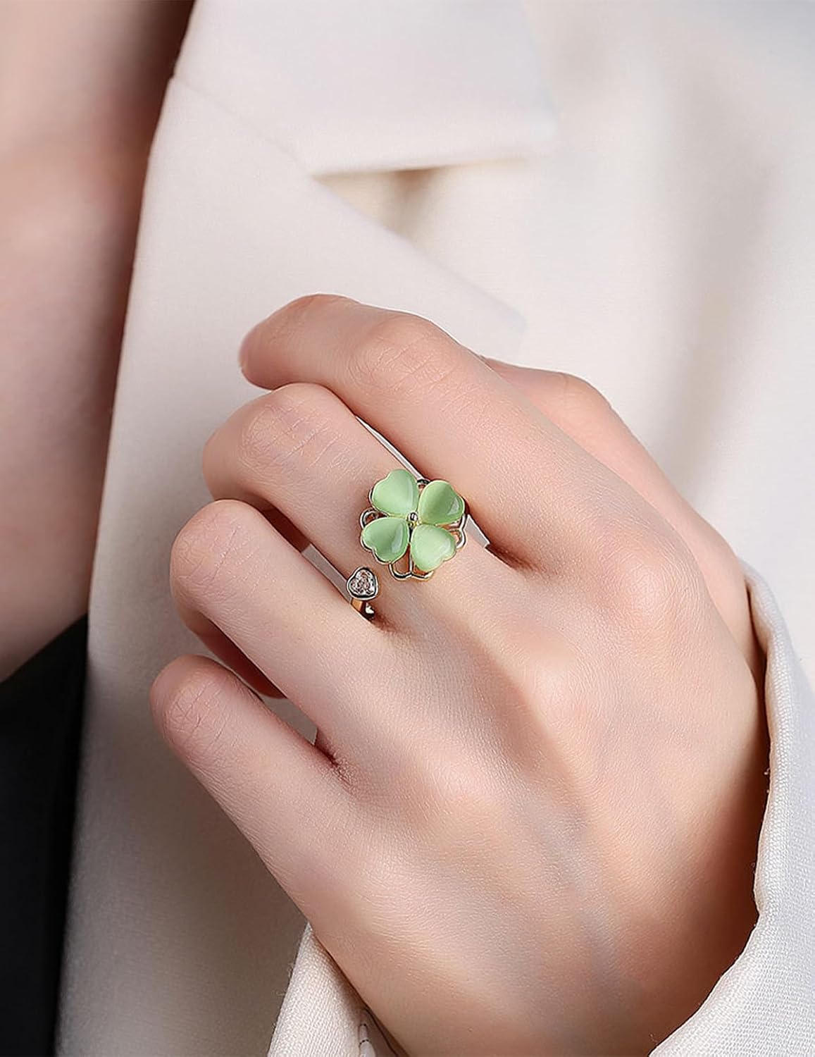 Anxiety Rings for Women – Adjustable Four Leaf Clover Spinner Ring, Gold Plated Lucky Fidget Ring - Image 4