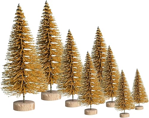 8 mini árboles de Navidad artificiales, cepillo de botella falso, árboles escarchados de nieve con base de madera, adornos de mesa, manualidades de