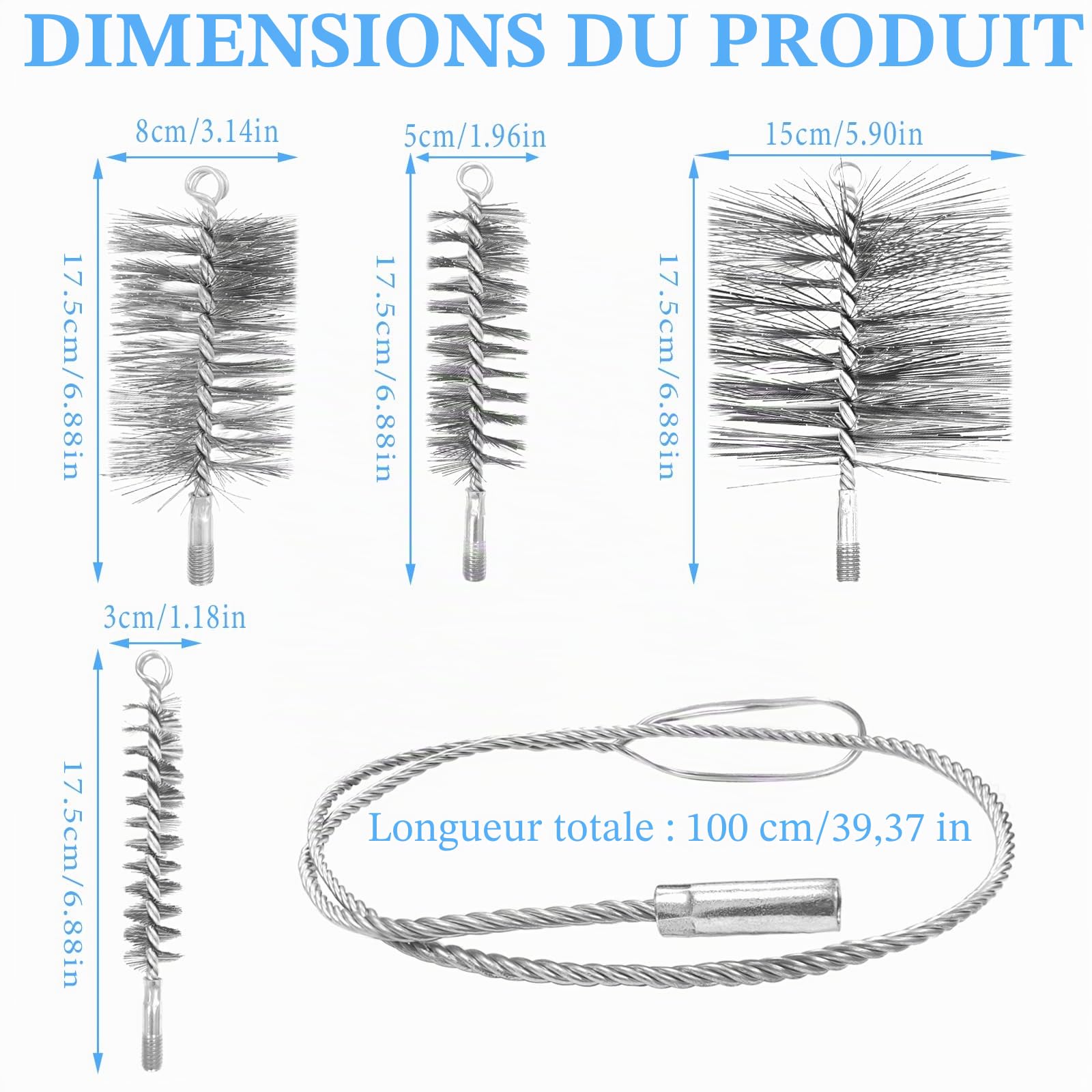 Kit de Hérisson Ramonage 5 en 1 pour Poêle à Granulés et Conduits, Hérisson Nettoyage Gaines Souples/Tuyaux, 5 Brosses Métalliques Anti-Rouille