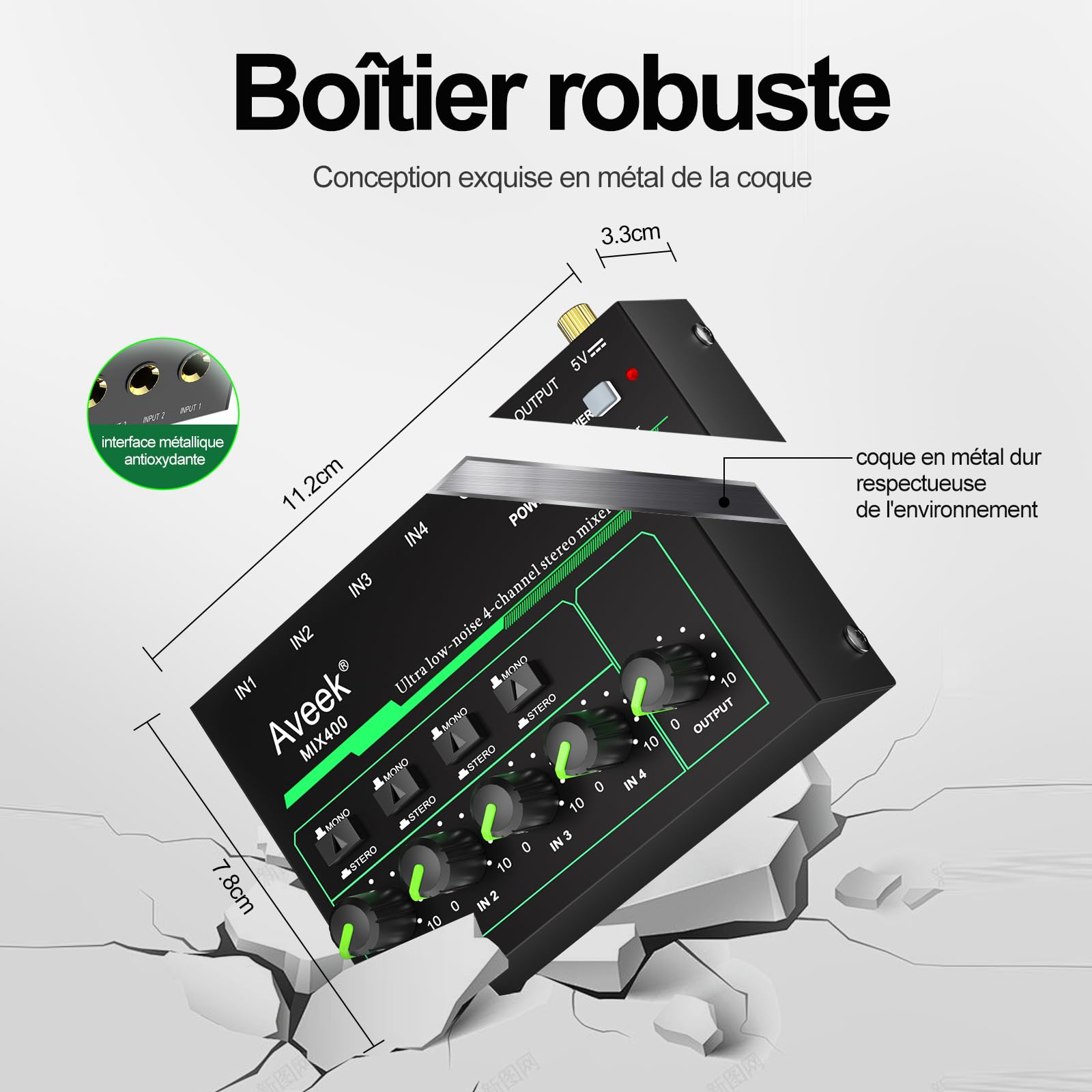 Aveek Mini Line Mélangeur audio 4 canaux avec commutation stéréo/mono et fonctionnement à faible bruit pour un sous-mixage de précision, entrée/sortie TRS 6,35 mm, idéal pour