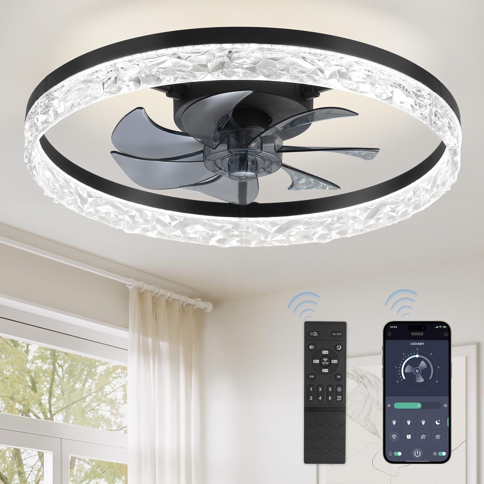 LEDIARY - 20" Modern Ceiling Fans with Lights and Remote Control, Low Profile Adjustable Ceiling Fan, Bladeless Flush Mount Ceiling Fan, Change