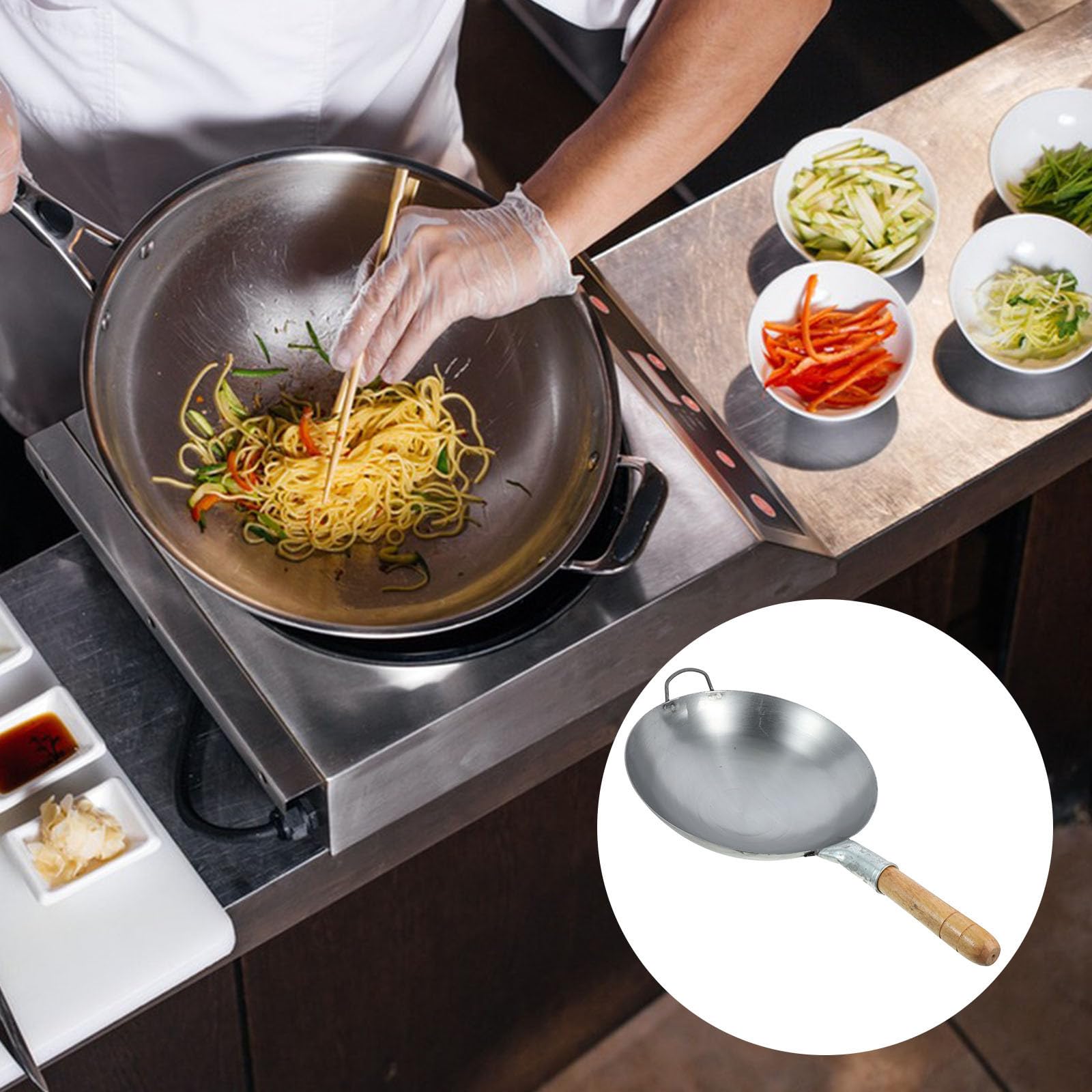 Padella Wok in Ferro Spesso Manico in Legno per Cucina
