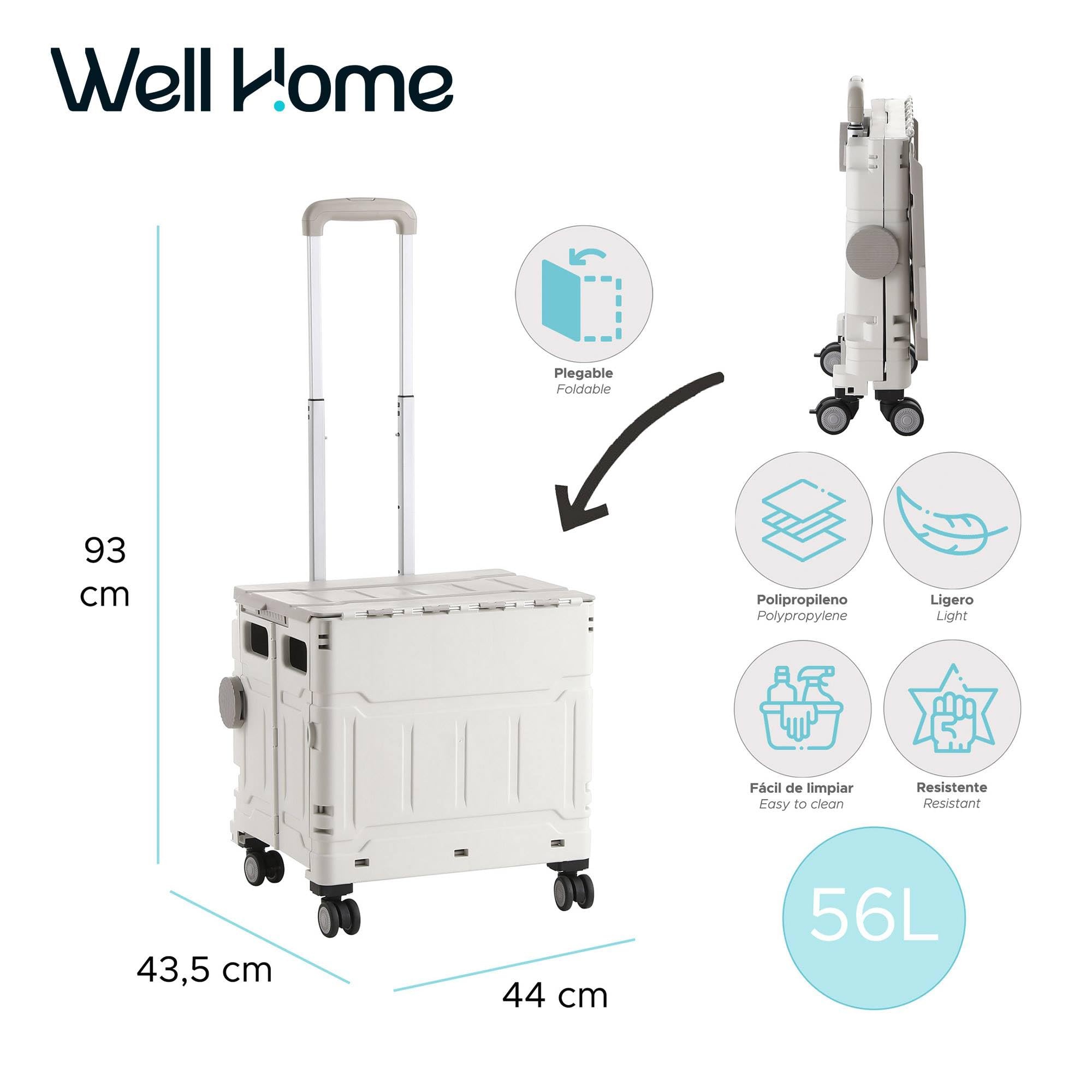 Well Home Carro de la Compra Plegable Tipo Caja con Tapa y Ruedas, Caja de Almacenaje para Maletero de Coche, Asa Telescópica Reforzada, Capacidad 56L