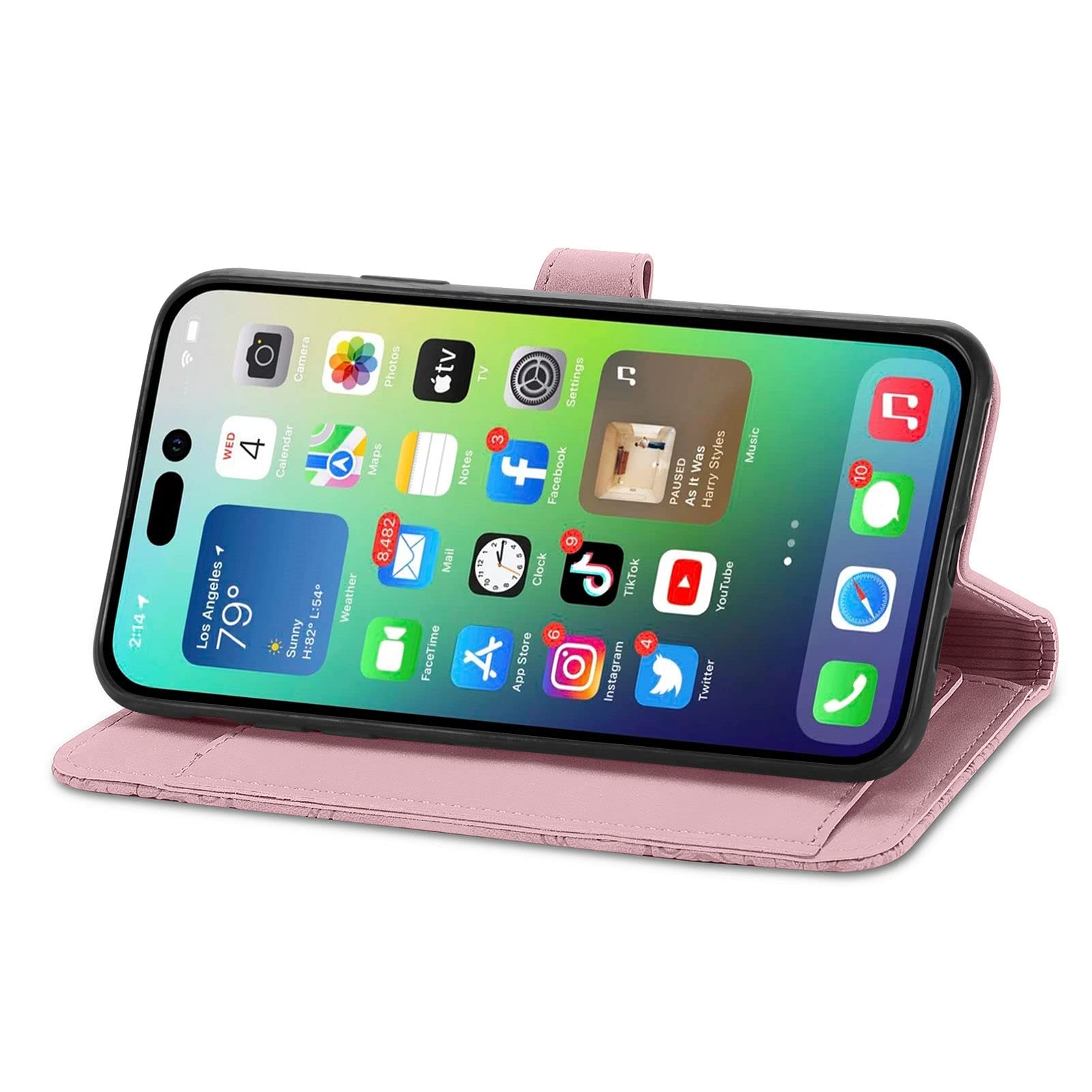 NEXCURIO Custodia a Libro Cover Portafoglio per Apple iPhone 14 Pro Flip Case in Pelle Fiori Donna con Tasca Zip Porta Carte Laccio Supporto Antiurto - Rosa