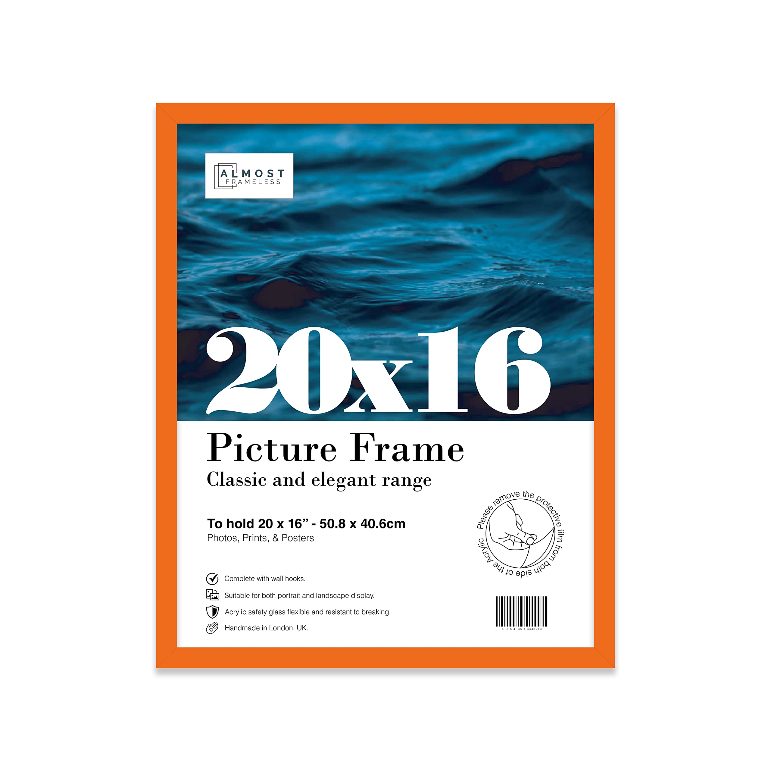 Almost Frameless 20x16 Orange Picture Frame 20"x16"(50.8x40.6cm) Poster, Photo, Artwork, or Print. Thin Edge Slim Frame Portrait and Landscape Display with Wall Hooks