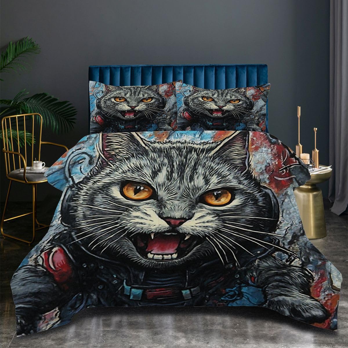Edredón 200x200 cm Gato De Dibujos Animados, Lavable en Lavadora Juego de Cama Completo 200x200, Colcha de Microfibra con Estampado 3D para Todas Las Estaciones