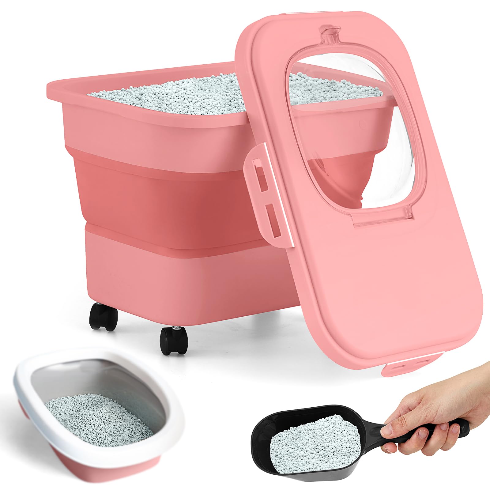 Juexica Collapsible Cat Litter Storage Bin Container with Rolling Casters, 20 Lbs Portable Cat Litter Storage Container with Airtight Lids, Shovel,