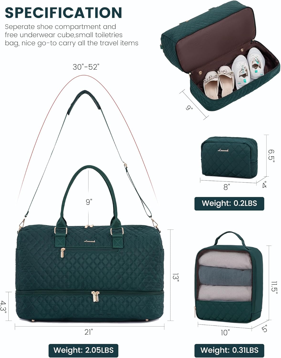 LOVEVOOK Travel Duffle Bag for Women, Weekender Overnight Bag with Shoe Compartment, Carry on Bag with Toiletry Bag, Gym Duffel Bag with Wet Pocket, Hospital Bags for Labor and Delivery 3 Pcs Set - Image 2