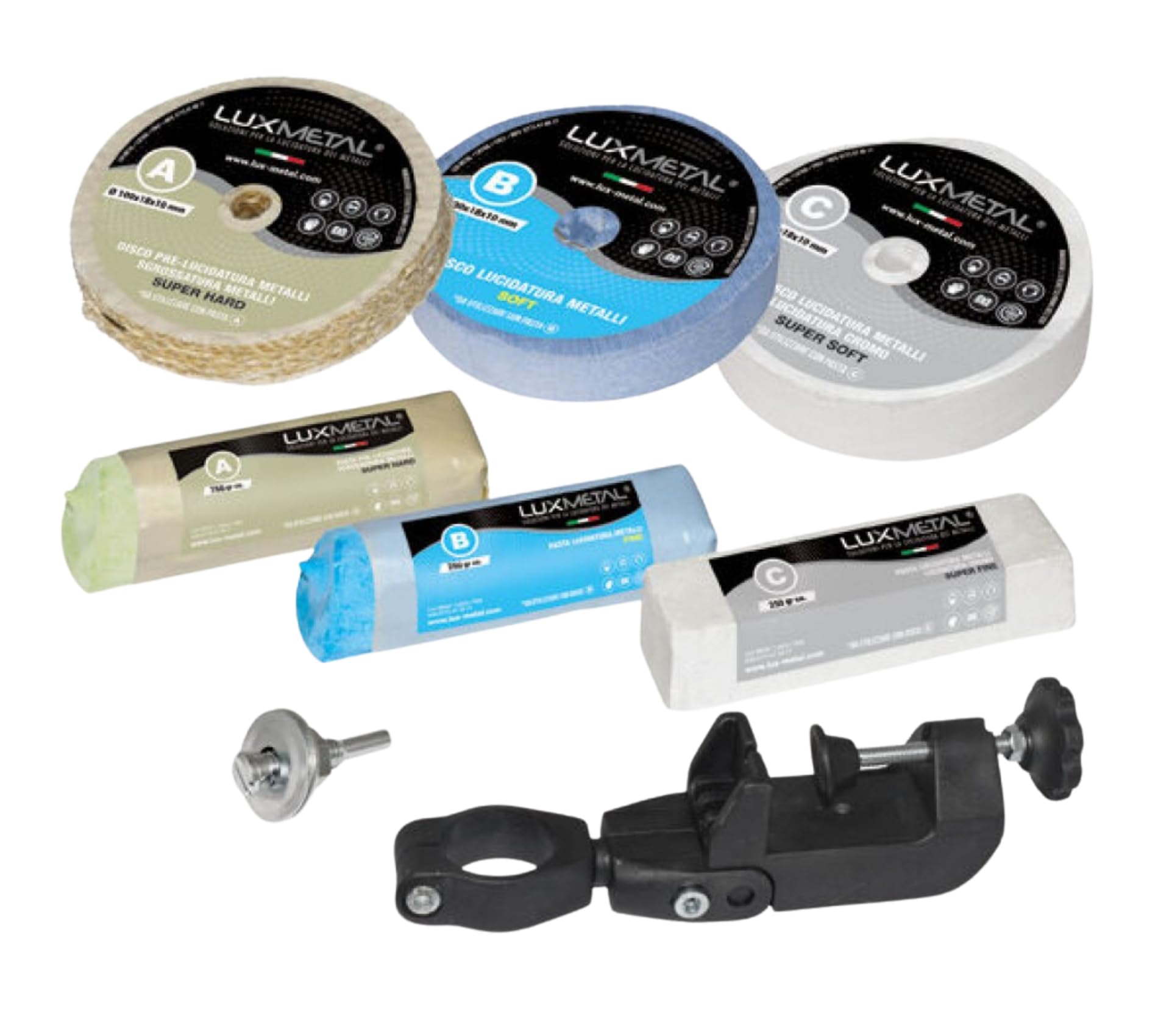 Lux Metal Kit Lucidatura 3 Disco Lucidatura 100 mm e 3 Pasta Abrasiva Lucidante 250 gr Supporto per Trapano Plastica Mola Dischi Per Lucidare Acciaio Inox Metalli Cotone Set Lucida Cromature Ottone