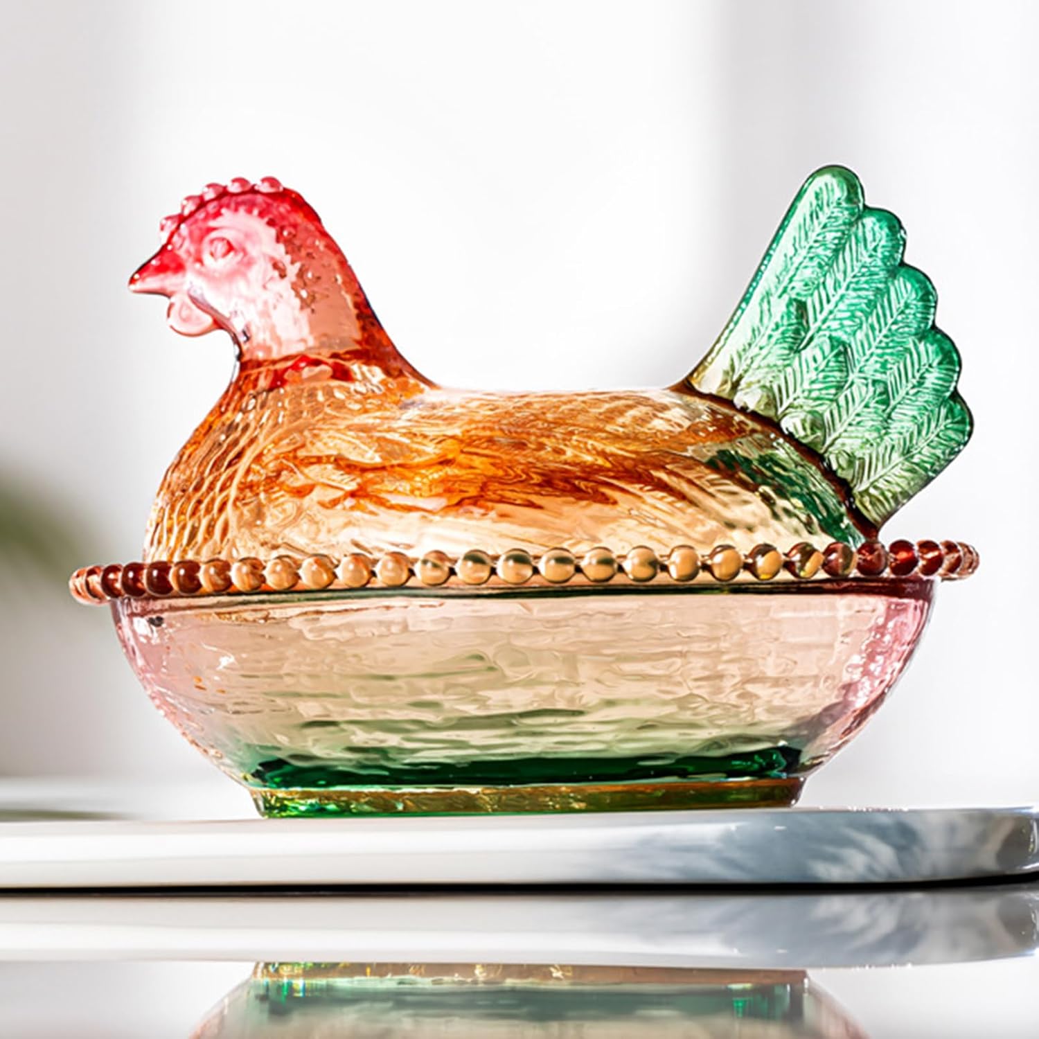 Crystal Glass Chicken Shaped Candy Dish with Placemats,Vintage Style Hen Rooster Nest Candy Bowl with Lid,Colorful Jar for Snacks, Dessert, Cookies Home Kitchen Office Tabletop Decor (Big)