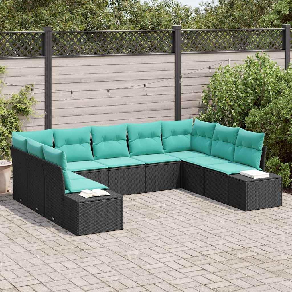 Modular Garden Sofa Set 9 pcs Black and Turquoise Poly Rattan with Comfortable Cushions, Durable Outdoor Furniture for Patio, Backyard, Poolside, Balcony, Easy Assembly, All Season Use
