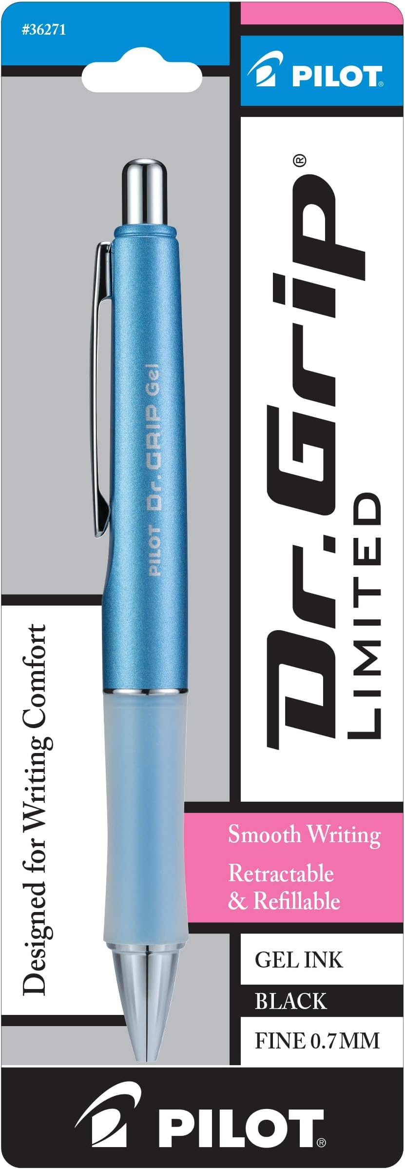 Dr. Grip Limited Refillable & Retractable Gel Ink Rolling Ball Pen, Fine Point, Metallic Ice Blue Barrel, Black Ink, Single Pen (36271)