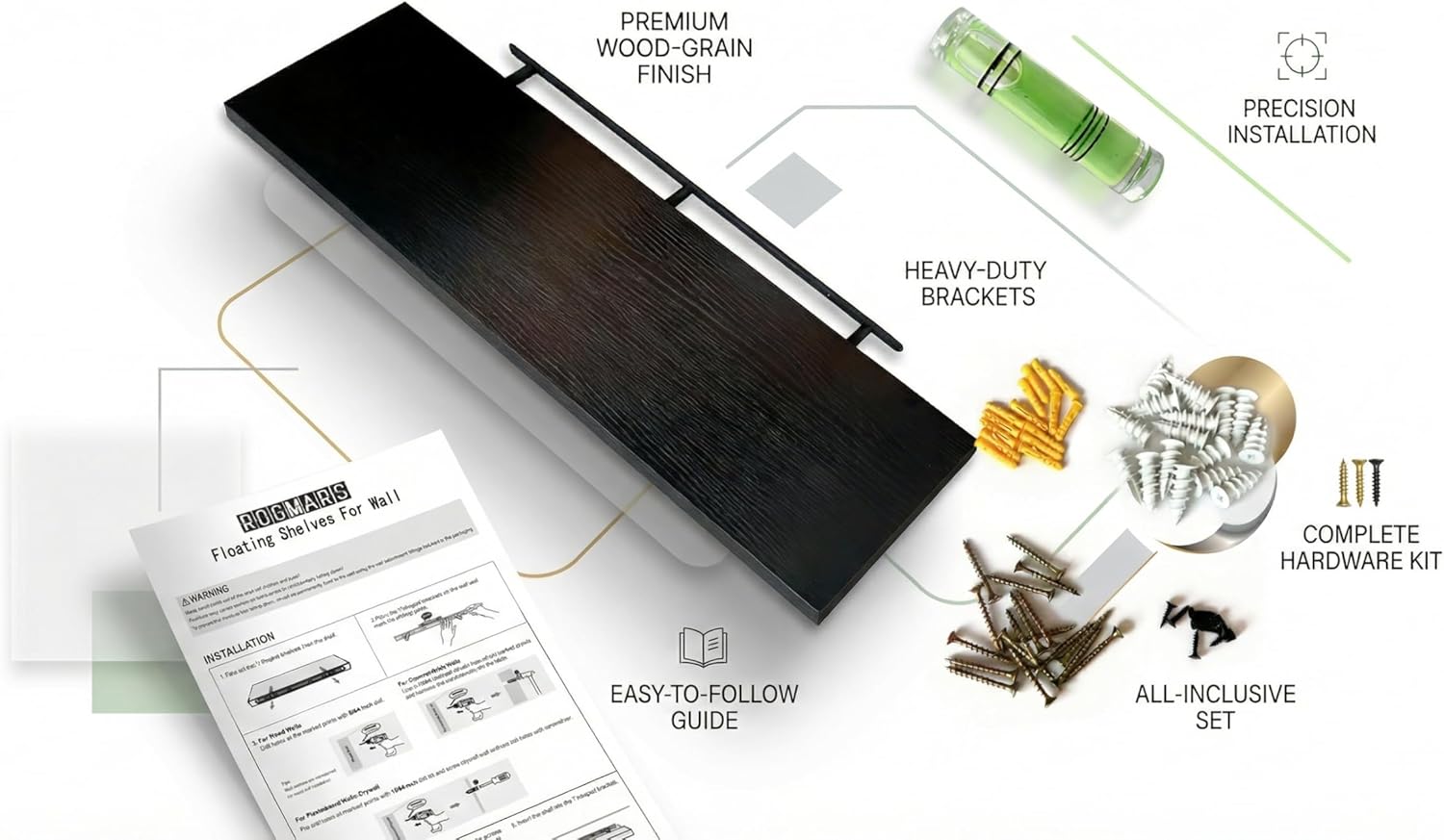 ROGMARS Black Floating Shelves for Wall,36 inch Rustic Wooden Floating Wall Mounted Book Shelves with Invisible Brackets for Living Room, Bedroom, Kitchen, Bathroom,Set of 3