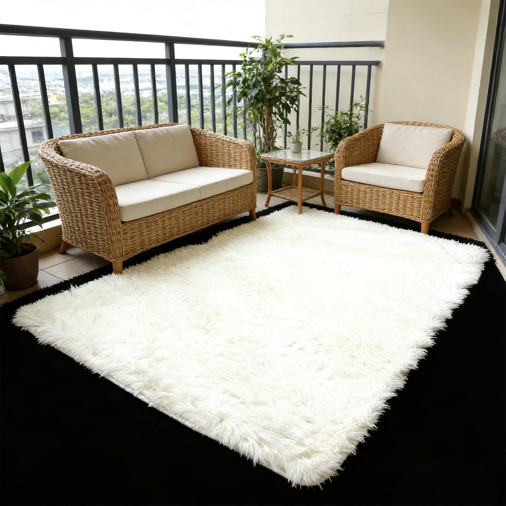 Tapis Salon Élégant à Poils Longs Blanc Finition Haut de Gamme 275x140cm