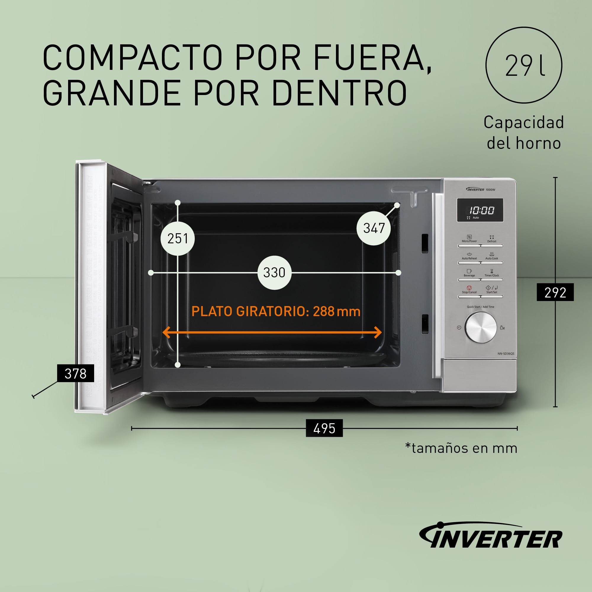 Panasonic NN-SD36QSEPG Horno Microondas de 29 L, 1000 W, Descongelación Automática, 11 Programas Automáticos, Temporizador, Plateado