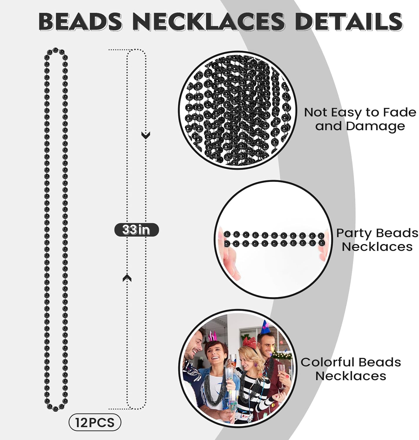 SHAOQINLIN 12 PCS Black Bead Necklace, Black Mardi Gras Beads, New Year Eve Necklaces, 33 Inch Round Halloween Necklace Party Beads for Mardi Gras, Christmas, Halloween, New Year Party Favors