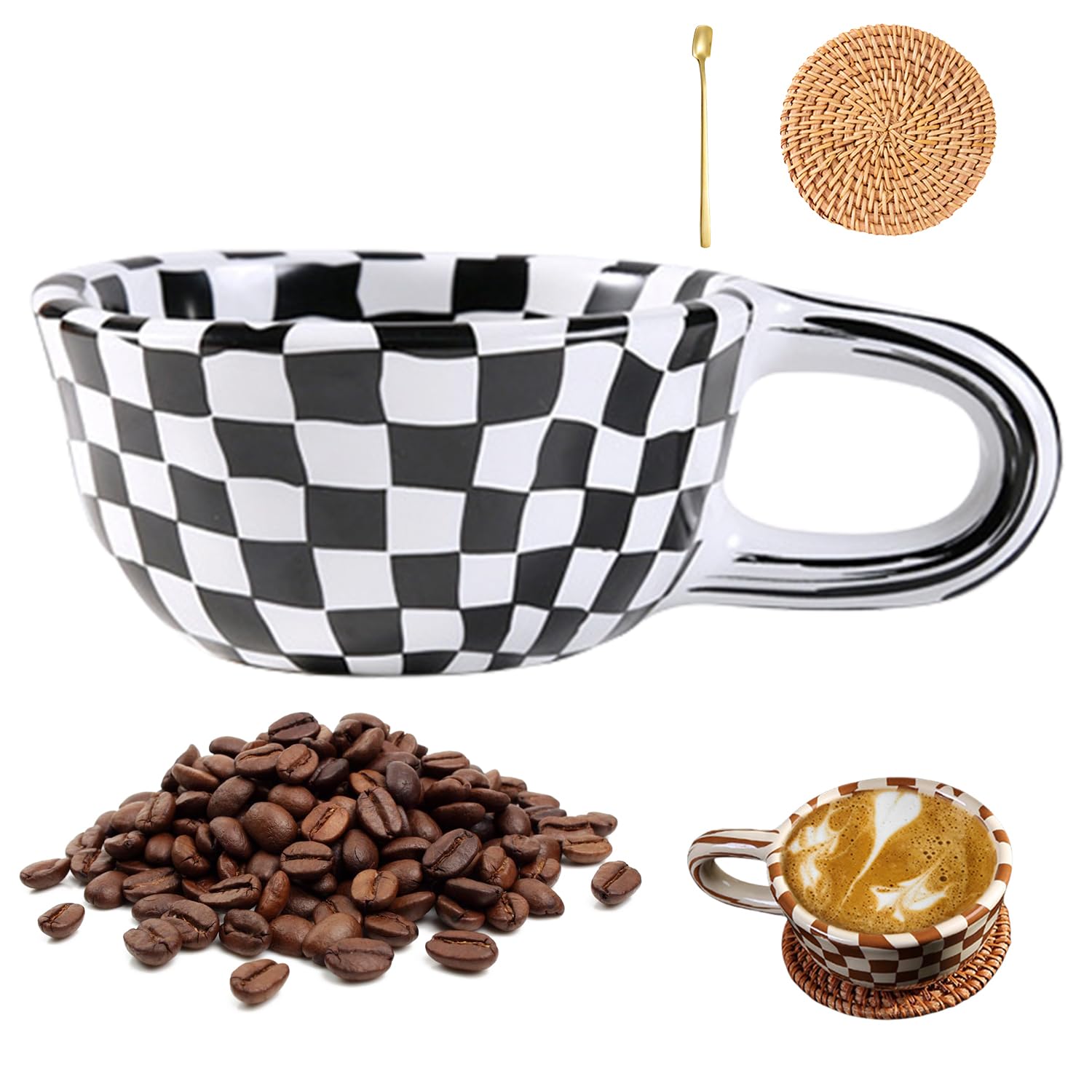 Brown Checkered Mug, Checkerboard Coffee Mug, Brown Checkered Coffee Mug, Chessboard Ceramic Mugs, High-Value Retro Cup, Coffee Cup (Black)