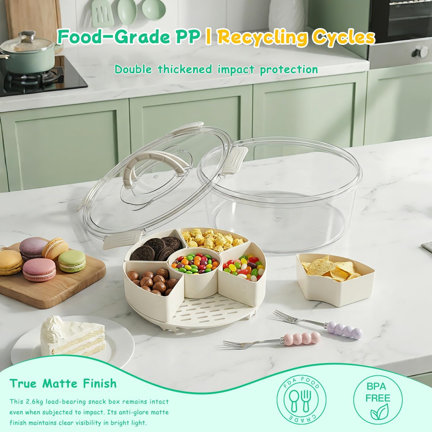 Divided Serving Tray with Lid and Handle, Rounded Snackle Box with 6 Compartments and Chill Base for Fruits, Candy, Veggie, Travel Snack Container with Portable Insulated Bag & Ice Cube Tray & 5 Forks