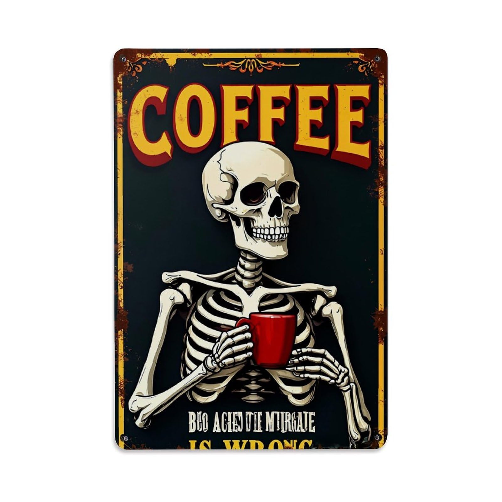 Jdfenggu Vintage Skeleton Holding Red Coffee Mug Retro Metal Tin Sign, Metal Poster For Bar, Home, Man Cave, Kitchen, Laundry Room Art Decor 8X12 Inch