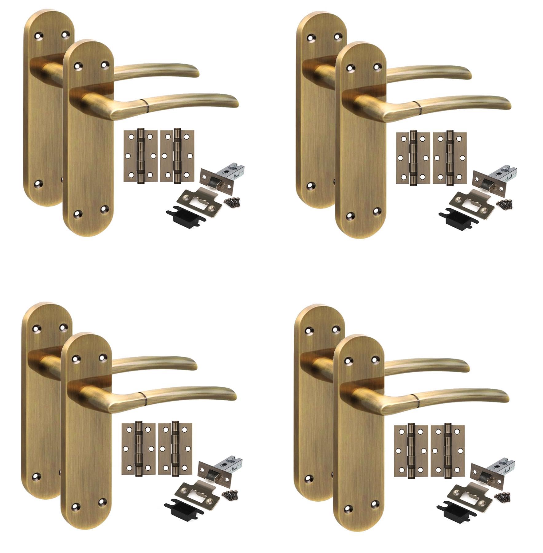 Golden Grace Antique Brass 4 Pair Victorian Long Plate Indiana Design Internal Door Handle Sets 182 X 45Mm With 2.5" Latch & Hinges