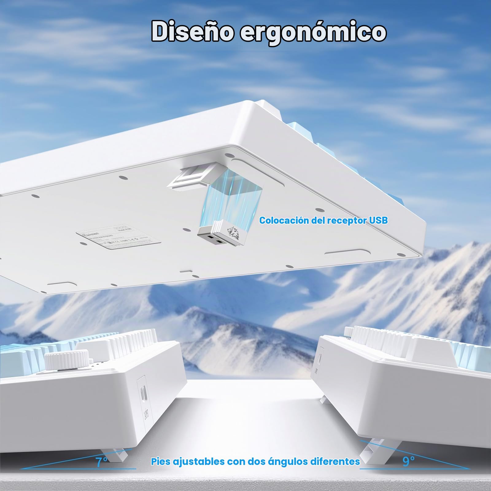 ZIYOU LANG K100 Teclado Gaming Inalámbrico Layout US, Conexión Tri-Modo (BT/2.4G/Cable) Teclado de Membrana con Perilla, 102 Teclas PBT Gradiente, 4000mAh RGB Backlit, para PC/Mac - Azul Glaciar