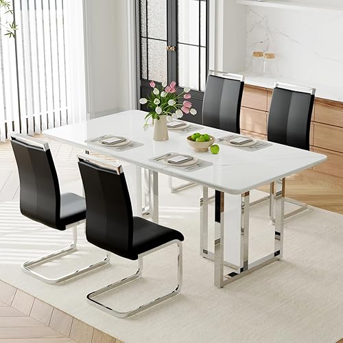 Miniatura 38 de Juego de mesa de comedor MEMUY para 8, 79" Juego de mesa de comedor de mármol falso para 8 con superficie brillante blanca, juego moderno de mesa de