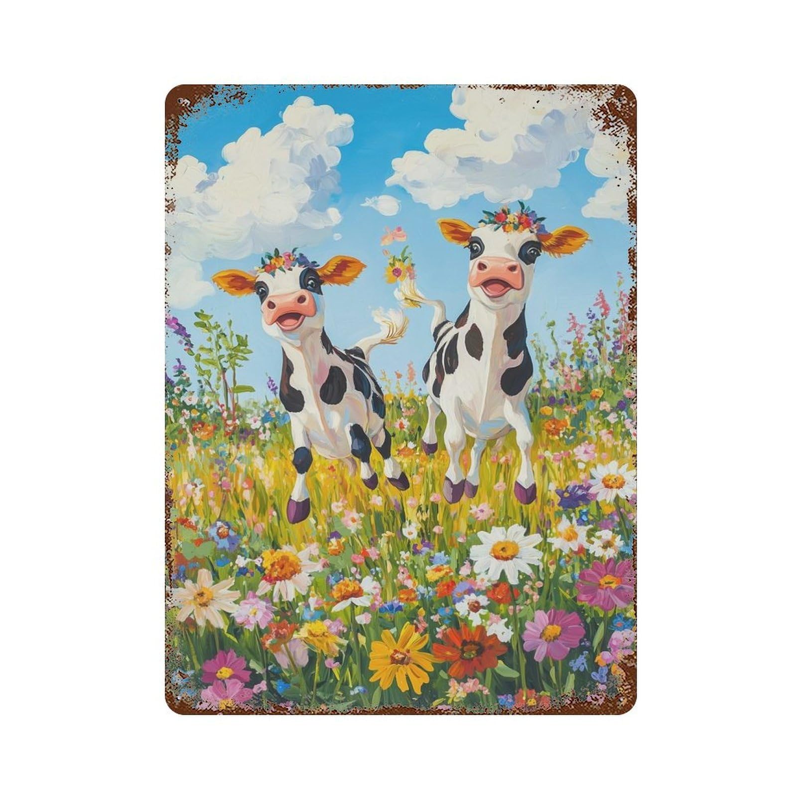 Happy Cows in A Meadow Rust Effect Tin Sign 15.7"x11.8", Novelty Wall Decor for Garage, Pub Or Kitchen